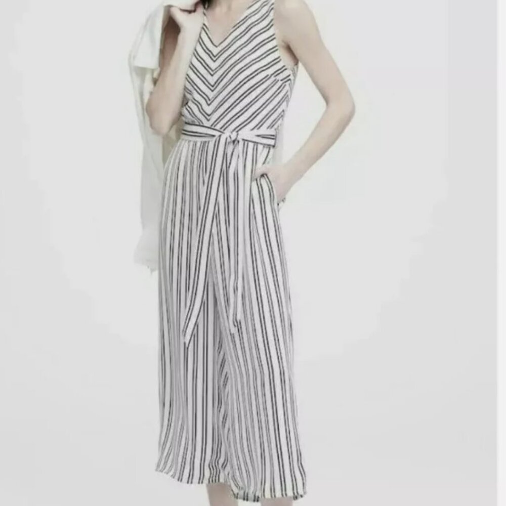 Banana Republic Wide Leg Cropped Jumpsuit Sz 10 White & Black Stripe Sleeveless